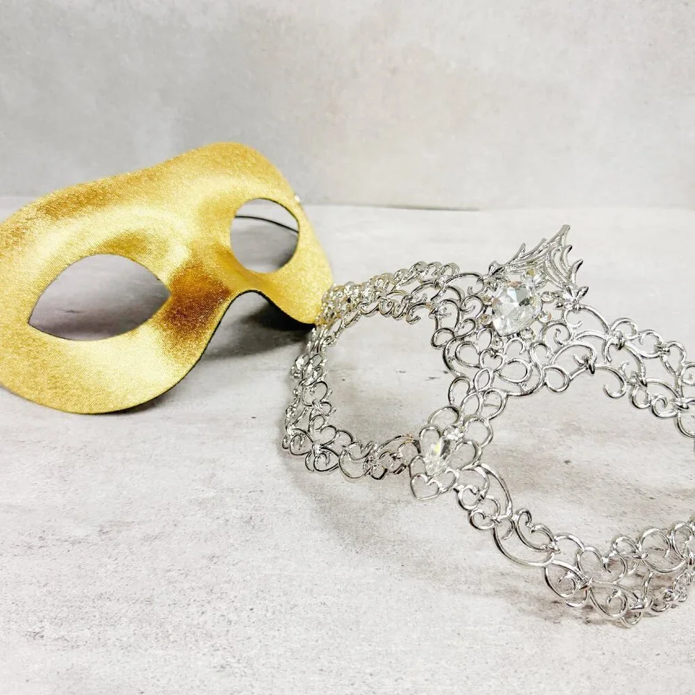 Share 2 in 1 gold mask, Masquerade party wedding, silver masquerade mask, Part